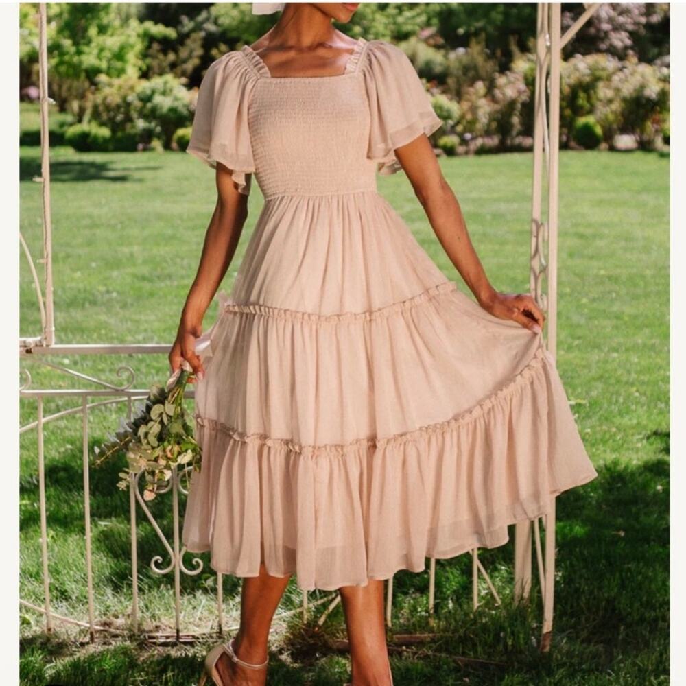 NWT Ivy City Co Ellie Champagne Metallic Tan Tiered Flutter Sleeve Midi Dress 3X